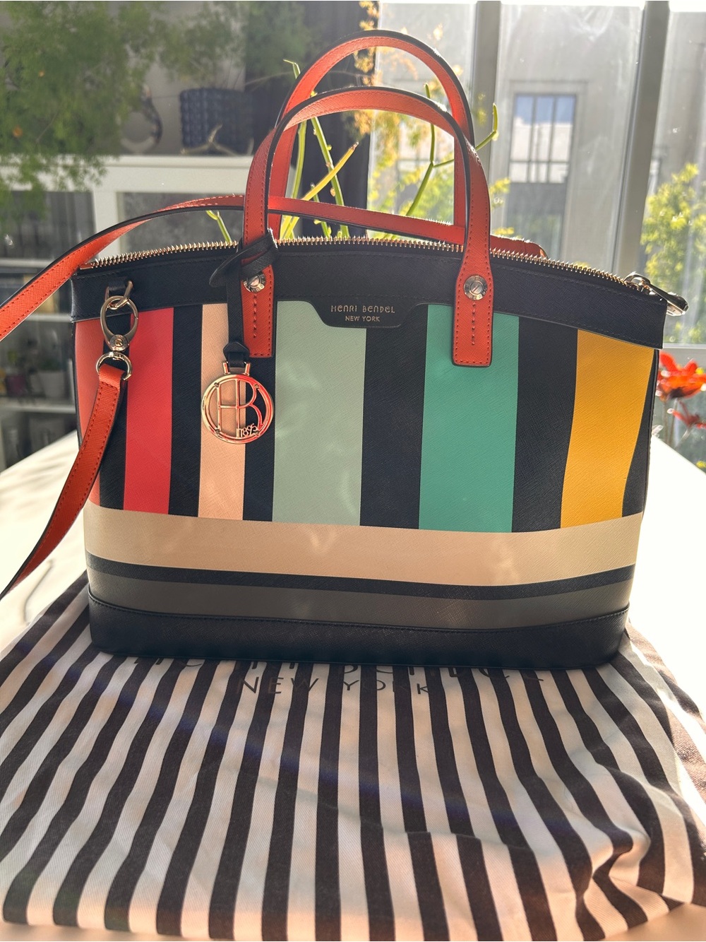 henri bendel Multicolor Striped Leather Satchel with Red Handles